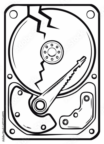 Internal view of a broken hard disk drive with cracked platter and read write arm