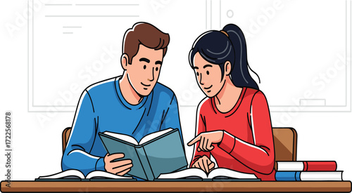 Students studying together in classroom, young man and woman reading books, learning, education teamwork, academic preparation, knowledge sharing, study group illustration