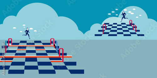 Businessmen race up checkered stairs towards success and achievement with hurdles and clouds