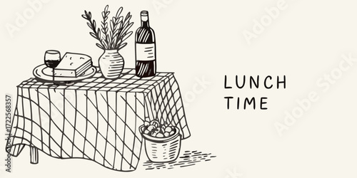 Simple hand drawn sketch of a picnic lunch with wine cheese bread and fruit on a checkered tablecloth