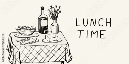 Hand drawn sketch of a table set for lunch with a bottle of wine and food