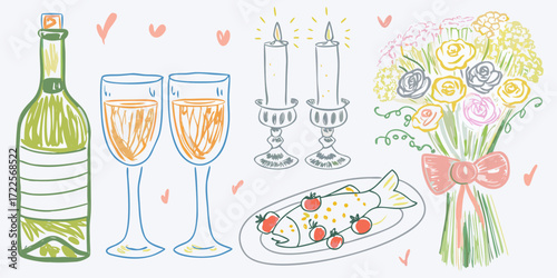 Romantic celebration with wine champagne glasses candles a bouquet of flowers and a prepared fish dish