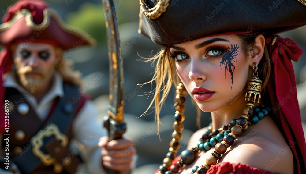 Obraz premium A dynamic scene of a female pirate character in full costume, poised with a sword. She is flanked by a male figure also dressed as a pirate