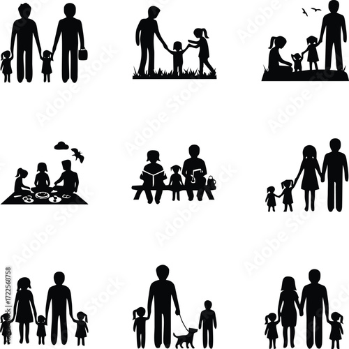 Family silhouette set: A collection of simple, illustrative silhouettes of diverse families, each scene depicts shared moments, activities, and the bonds of love and togetherness. 