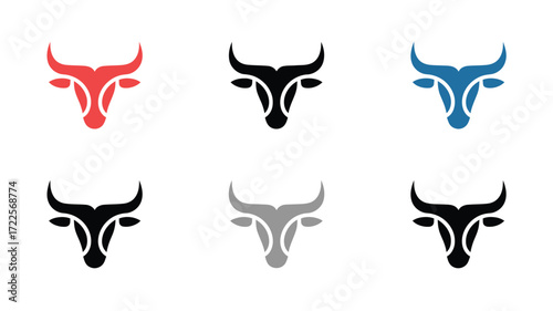 Stunning minimalist bull logo set for bold branding, vibrant red, classic black, cool blue, and modern gray options offer versatility for financial, sports, or agricultural business identity