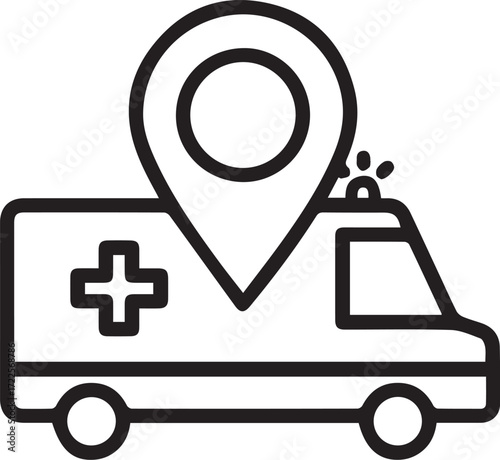 Rapid ambulance service responding to emergency with location pin, vector icon providing fast medical care and assistance for critical situations