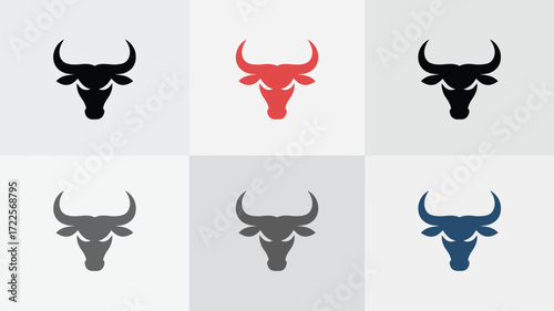 Powerful bull head logos in multiple colors create a strong brand identity, ideal for finance, sports, or agriculture businesses, conveying strength, confidence, and determination