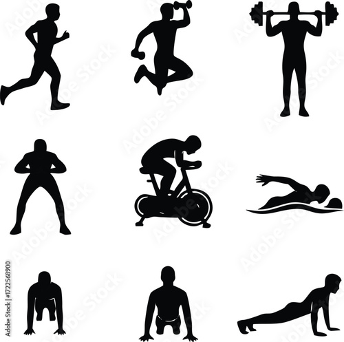 Dynamic Athleticism: A stylized array of fitness silhouettes, embodying diverse physical activities and unwavering commitment to physical conditioning and well-being.