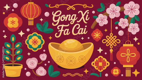 Celebrate a prosperous Chinese New Year with this vibrant design featuring traditional lanterns, lucky gold ingot, and blossoming plum branches wishing good fortune and happiness for the coming year