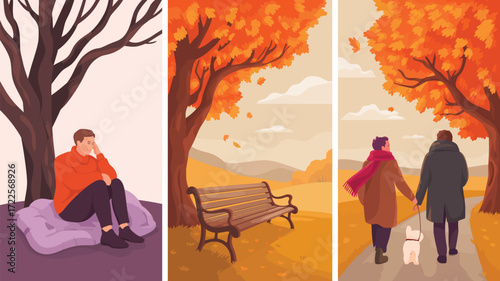 Experience autumn serenity with a man resting beneath a tree, a tranquil park bench scene, and a couple enjoying a leisurely stroll with their dog amidst the vibrant fall foliage