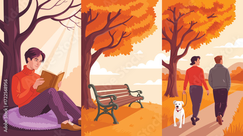 Enjoying an autumn afternoon with a good book, a peaceful bench, and a leisurely stroll with friends and a furry companion, embracing the beauty and tranquility of the season