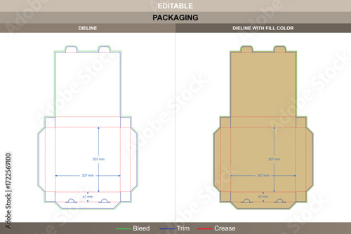 Flip top pizza box packaging template for food service featuring structural carton dieline and editable die line for professional manufacturing and printing