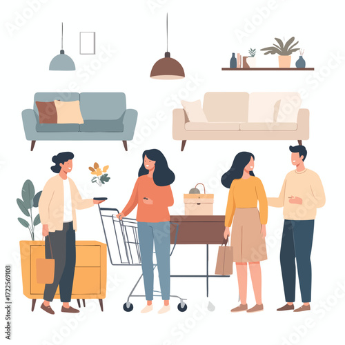 Four people browsing furniture in a modern home goods store.