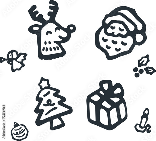 クリスマスの手書き風アイコンセット。サンタ、トナカイ、プレゼントなどの線画イラスト。ホリデー　冬