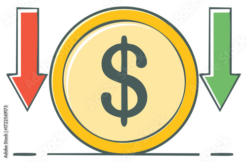 Dollar Coin With Downward Arrows Illustrating Financial Decline