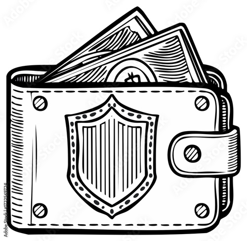 Leather Wallet with Bills and Security Shield Emblem Hand Drawn Illustration