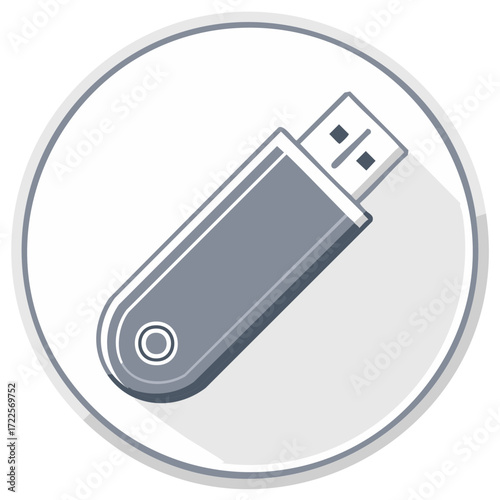 Gray flash drive symbol, portable memory device, icon in circle, data storage tool, modern information technology, digital storage