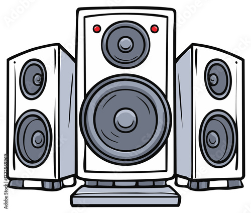Cartoon Illustration of Three Modern Audio Speakers with Sound Wave Details