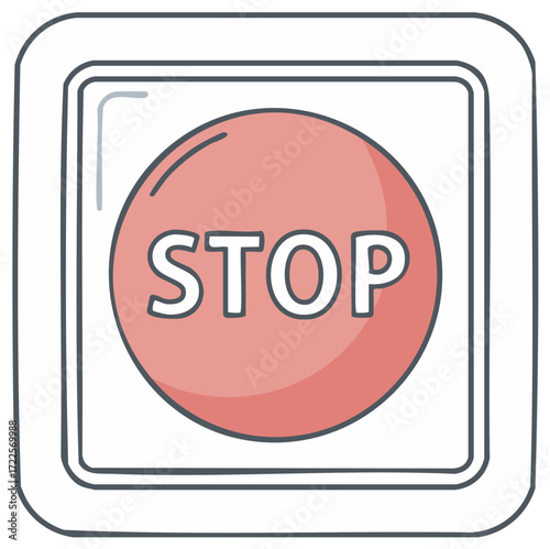 Graphic Symbol with the Inscription Stop in Bold White Letters over Red Circle in a Square Shaped Button
