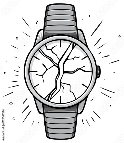 Broken Wristwatch with Shattered Glass Face Grayscale Cartoon Illustration