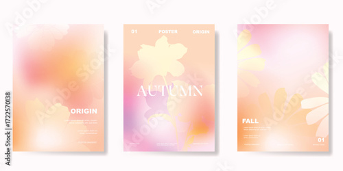 Abstract blur gradient autumn card background set. Minimalist poster with flower, stalk. Modern fall season wallpaper design for home decoration, website, banner, ads. 