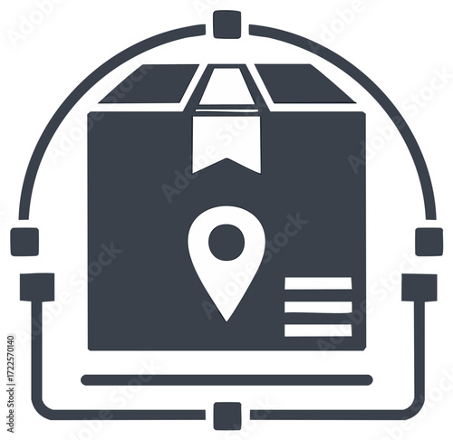 Shipping logistics package tracking icon showing delivery location and global network route