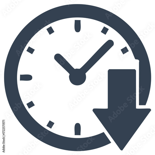 Vector icon of a clock with a downward arrow symbolizing time reduction, delay, or history log