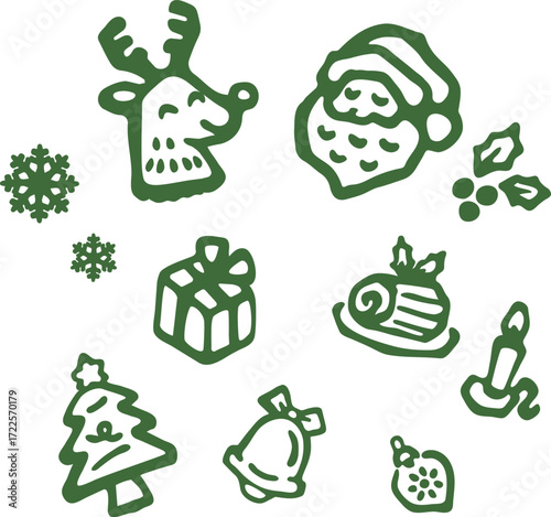 クリスマスの手書き風アイコンセット。サンタ、トナカイ、プレゼントなどの線画イラスト。ホリデー　冬