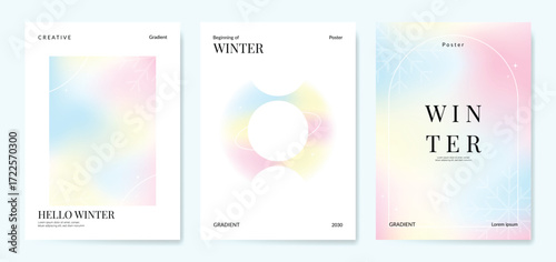 Abstract blur gradient winter card background set. Minimalist poster with snowflake, saturn, sparkle, frame. Modern fall season wallpaper design for cover, print, Christmas and New Year ads.