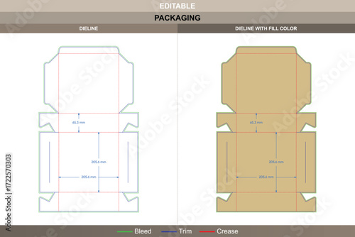 Folding box dieline for product packaging, editable carton template with folding design mockup, printable structure for retail branding, and professional die line layout