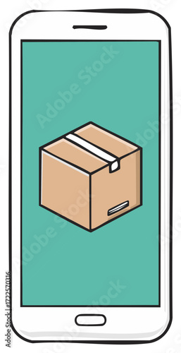 Cartoon smartphone with delivery box on screen symbol for online shopping.