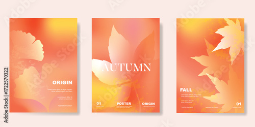 Abstract blur gradient autumn card background set. Minimalist poster with ginkgo and maple leaf. Modern fall season wallpaper design for home decoration, website, banner, ads. 