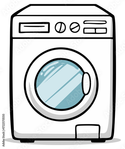 Isolated cartoon style front load washing machine with blue glass door and controls