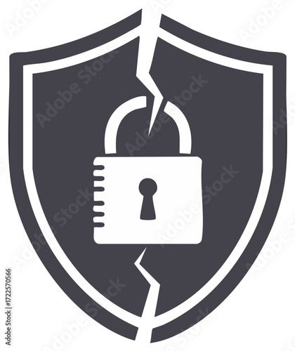 Cracked shield and broken padlock icon representing a security breach and system vulnerability