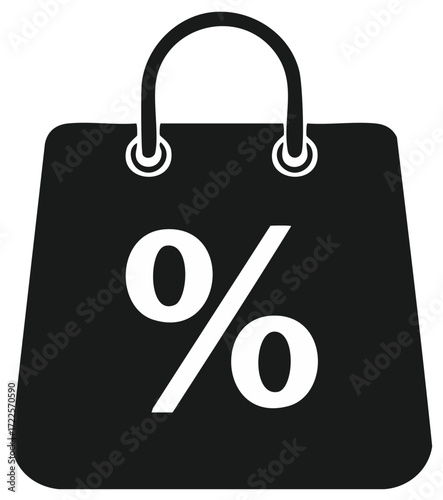 Minimalist black shopping bag icon with white percentage symbol for discounts and promotions