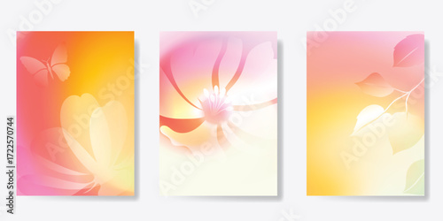 Abstract blur gradient autumn card background set. Minimalist poster with flower, leaves, butterfly. Modern fall season wallpaper design for home decoration, website, banner, ads. 