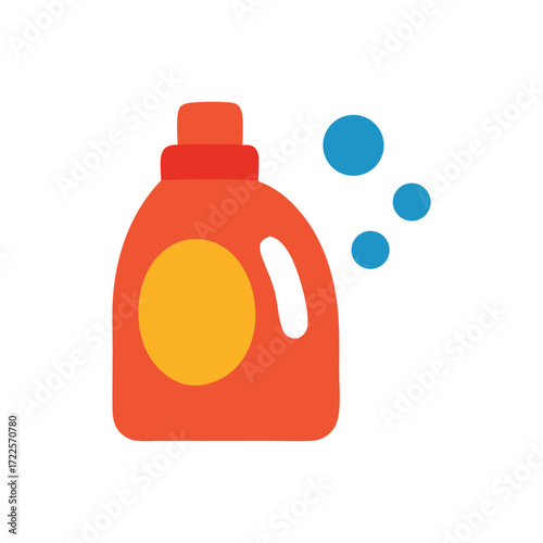 Laundry detergent orange liquid detergent bottle with blue bubbles nearby promises fresh clean laundry.