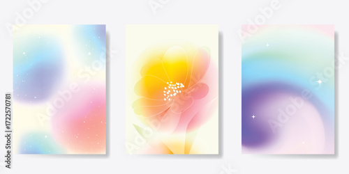 Abstract blur gradient autumn card background set. Minimalist poster with flower, sparkle. Modern fall season wallpaper design for home decoration, website, banner, ads. 