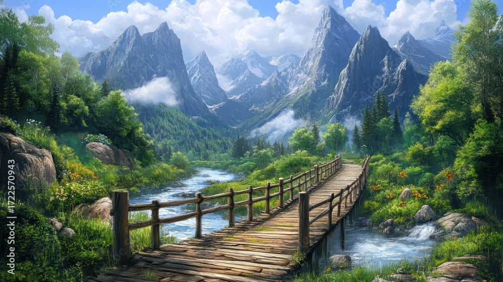 Fototapeta premium Scenic Mountain Valley with Wooden Bridge