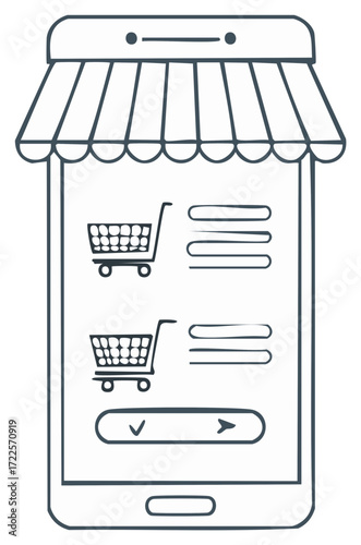 Hand drawn sketch of a smartphone as an online storefront for e-commerce and mobile shopping