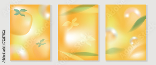 Abstract blur gradient autumn card background set. Minimalist poster with orange, flower, leaves. Modern fall season wallpaper design for home decoration, website, banner, ads.