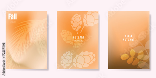 Abstract blur gradient autumn card background set. Minimalist poster with pine leaves, pine cone, leaves. Modern fall season wallpaper design for home decoration, website, banner, ads.