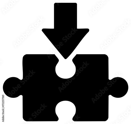 Fitting Puzzle Piece Icon Shows Solution Arrow Pointing Downward