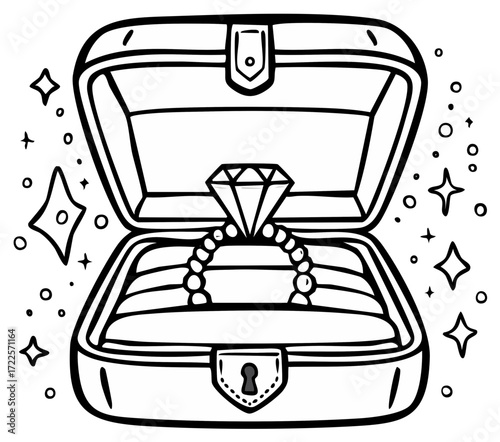 Diamond Ring in Box Artwork Hand Drawn Engagement Wedding Proposal Sparkles Open Treasure Box Line Art Outline Icon