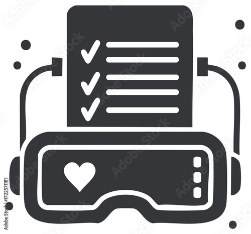 Virtual reality headset with checklist and heart icon for user feedback and task completion
