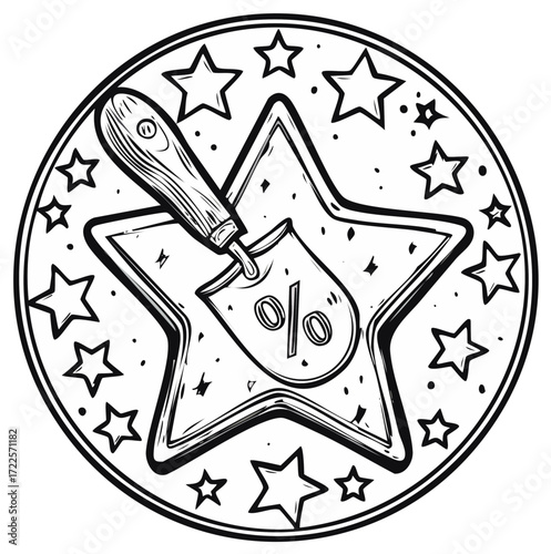 Starry sale emblem featuring a garden trowel displaying percentage sign for shopping discount and bargains
