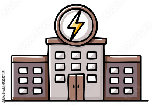 Cartoon illustration of a power plant with a lightning symbol on top in comic style.
