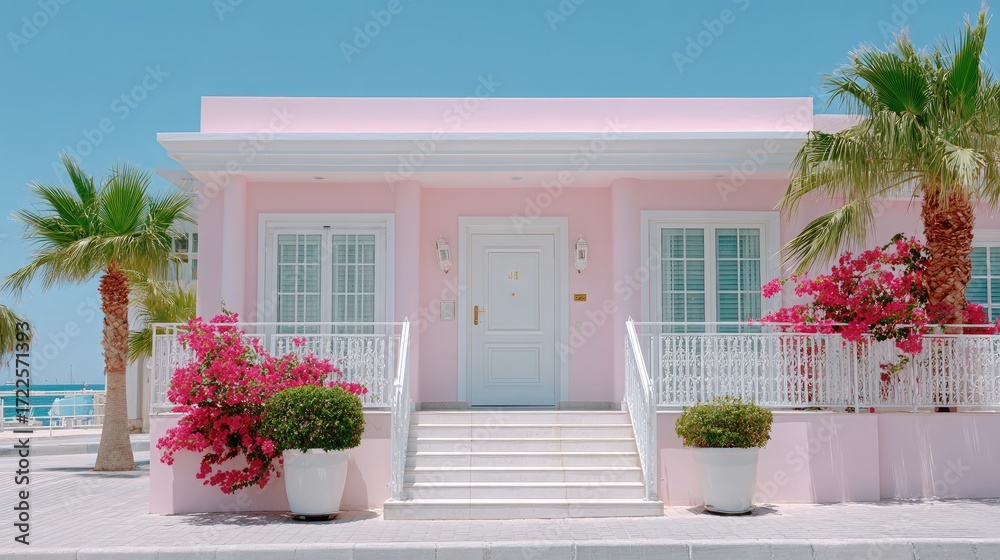 Fototapeta premium Pastel Pink Beach House Exterior with Palm Trees under Azure Sky Tropical Coastal Living