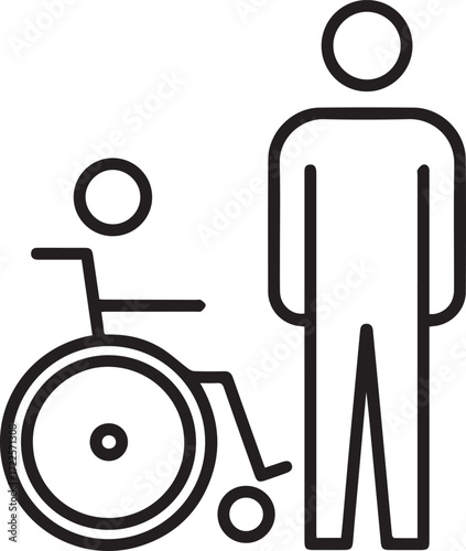 Accessibility symbol with wheelchair user and standing person, representing inclusion, diversity, and support in public spaces for all people, vector-based