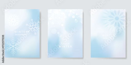 Abstract blur gradient winter card background set. Minimalist poster with snowflake. Modern fall season wallpaper design for cover, print, Christmas and New Year ads.